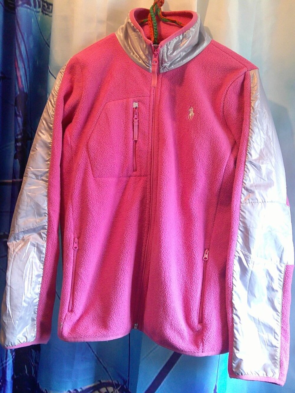RALPH LAUREN Sporty Fleece JACKET Pink & Silver Full Zip/Pockets Girl Sz XL (16)